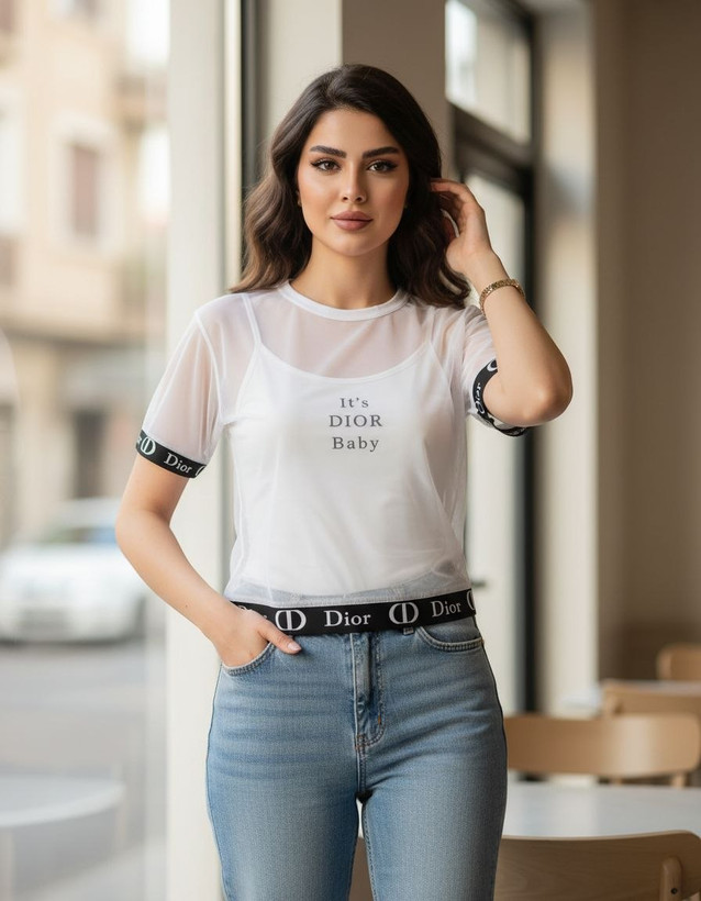 تیشرت زنانه دو تکه طرح Dior Baby سفید