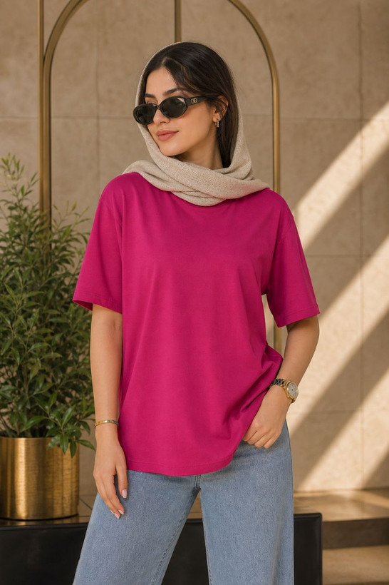 تیشرت بیسیک زنانه طرح اورسایز سرخابی