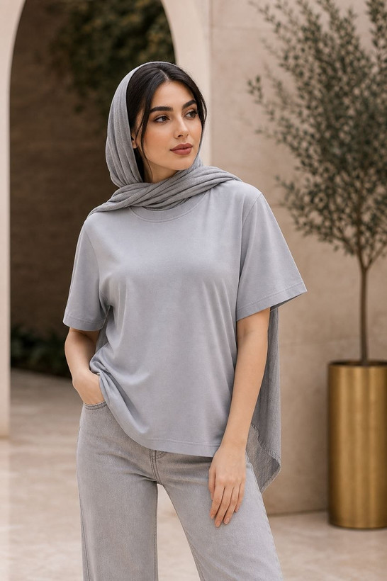 تیشرت بیسیک زنانه طرح اورسایز طوسی