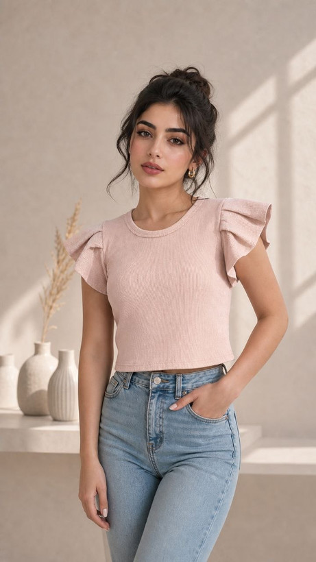 کراپ تاپ زنانه نیم تنه طرح پروانه موکا