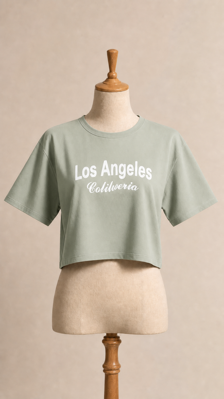 ست تیشرت و شلوارک زنانه Los Angeles سبز طوسی بهمراه کش مو