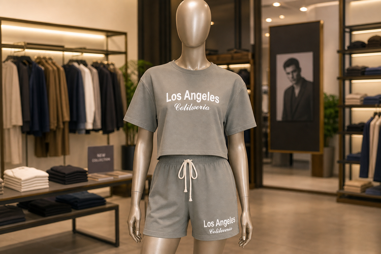 ست تیشرت و شلوارک زنانه Los Angeles طوسی بهمراه کش مو