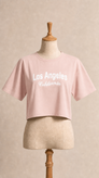 ست تیشرت و شلوارک زنانه Los Angeles صورتی پاستلی بهمراه کش مو