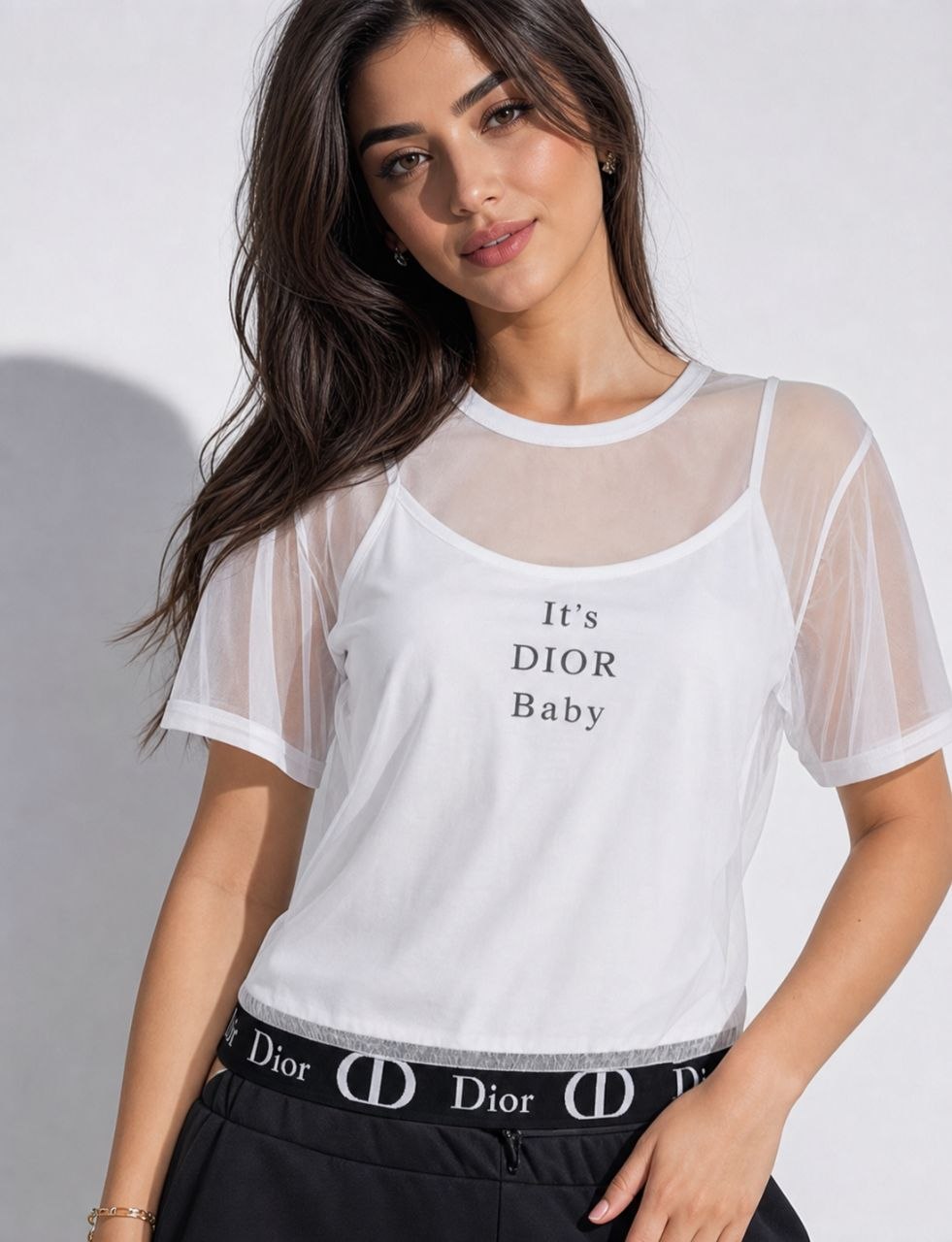 تیشرت زنانه دو تکه طرح Dior Baby سفید