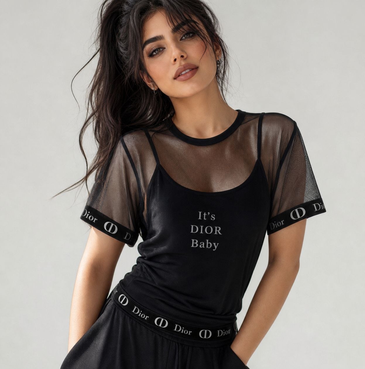 تیشرت زنانه دو تکه طرح Dior Baby مشکی